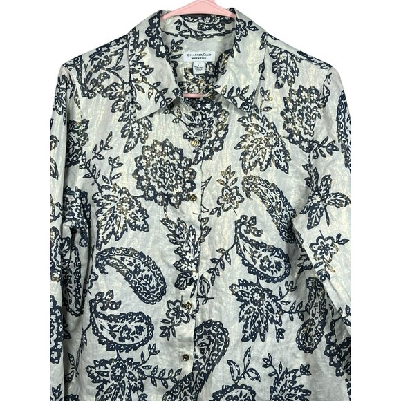 Charter Club Weekend Linen Shirt L Metallic Floral Paisley Casual Button Down - Picture 4 of 14
